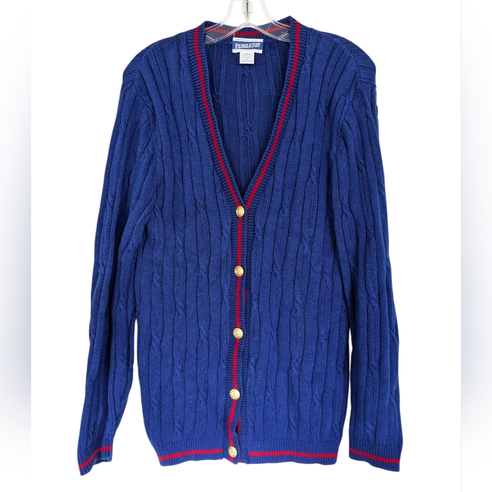 Vtg Pendleton Blue Cable Knit Cardigan Sweater Gold Buttons Sm V Neck Academia